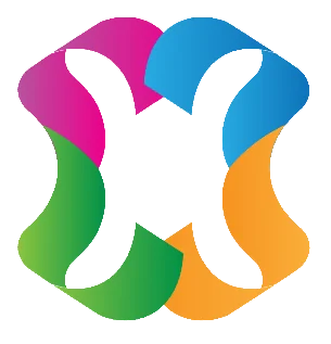 Abstract circular emblem made of four interlocking gradient ribbons in green, pink, blue, and orange.